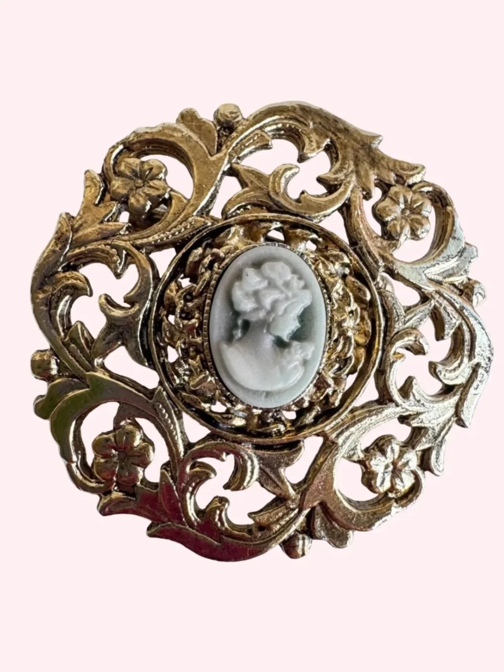Vintage Resin Cameo Brooch Gold Tone Filigree Lady Portrait Pin Victorian Gift
